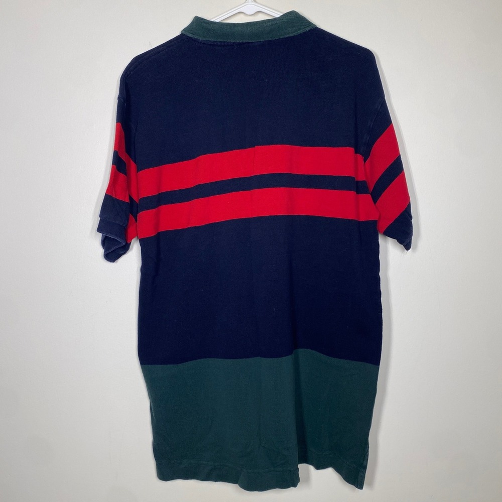 Vintage Nautica Polo Shirt Mens L Navy Red Green Colorblock Striped Cotton Prep - Picture 3 of 6